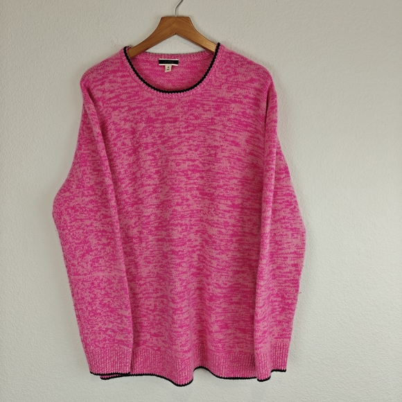 J.Crew Relaxed Cashmere Pink Crewneck Sweater Black Trim Classic Cozy Knit M - Picture 2 of 13